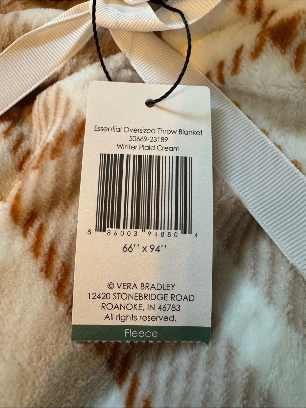 Vera Bradley Winter Plaid Cream Essential Oversized Throw Blanket NWT 66x94